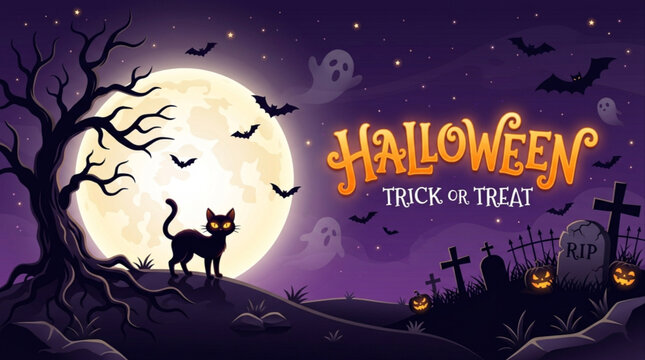 Spooky Halloween night background with silhouette of a cat, dead tree, full moon, ghosts, and graveyard