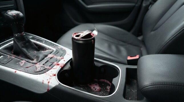 Spilled Drink Messy Car Interior Console