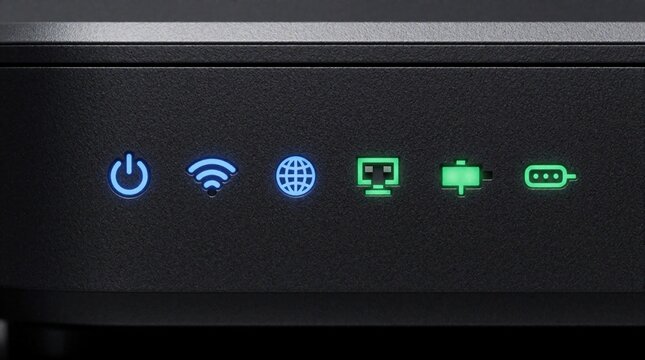 Close up of wifi router led status lights on black device. Glowing blue, green icons show power, wireless signal, internet connection, hardware link status. Modern modem panel indicates online