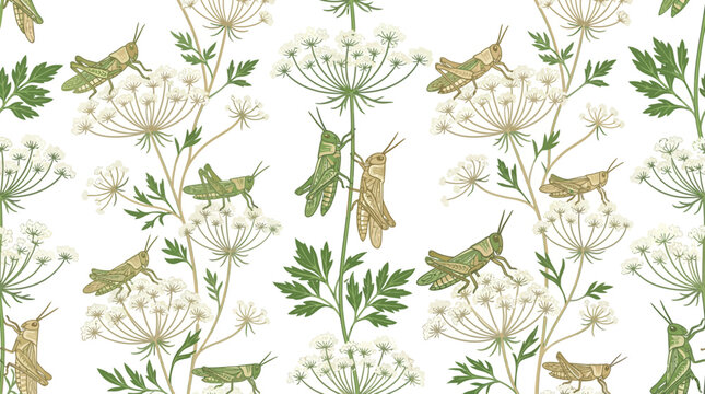Grasshopper and Cow Parsley Botanical Pattern