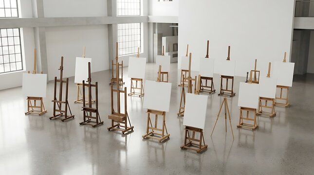 A spacious bright art studio interior filled with empty wooden easle stands holding white canvases ready to paint