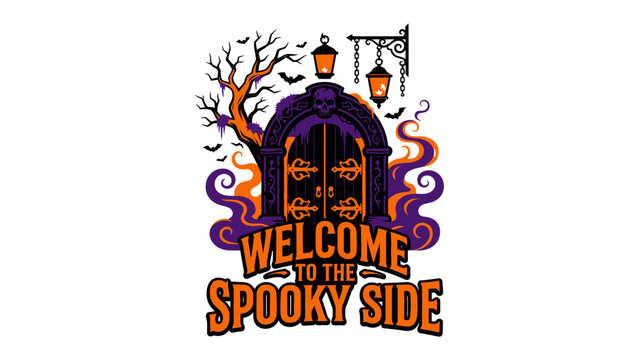 Welcome to the Spooky Side: A stylized illustration depicts an ornate, dark arched doorway adorned with spooky Halloween motifs.