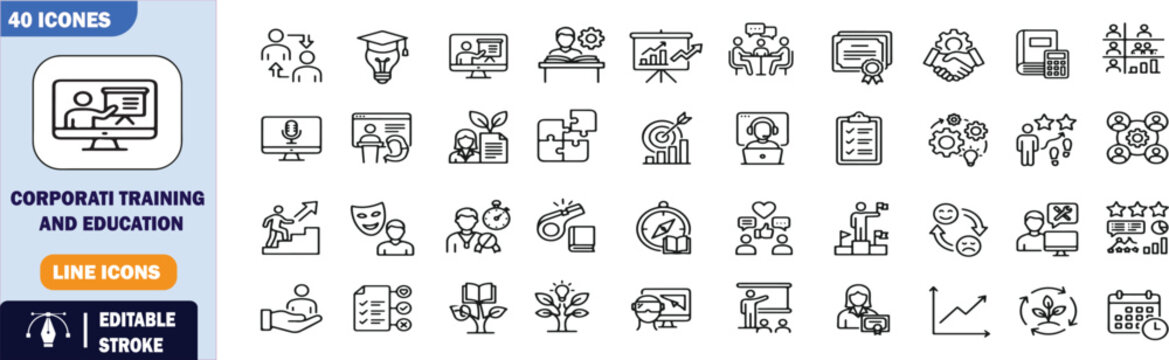 40 Corporate Training and Education Vector Outline Icons Set &ndash; Business Coaching, Online Learning, Seminars, and Skill Development Line Symbols Collection