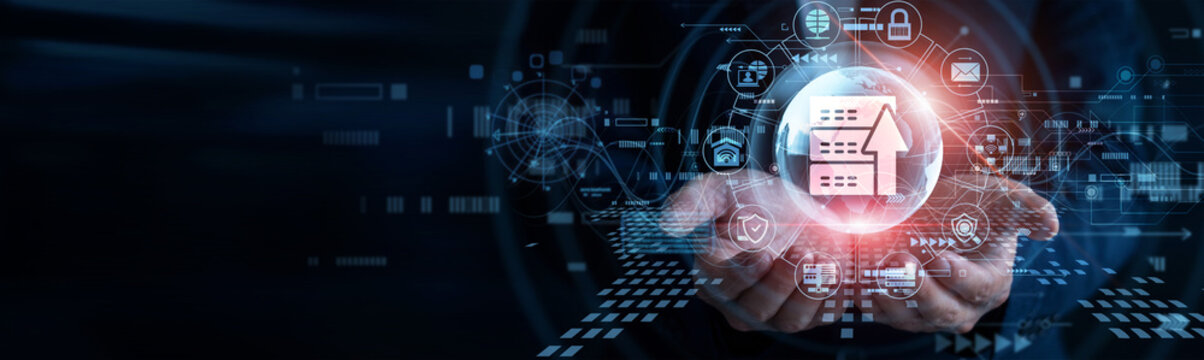 Web architect. Human hands holding Hosting glowing global globe managing remote server database storage systems. Technical operator deploying cloud website infrastructure projects smoothly.