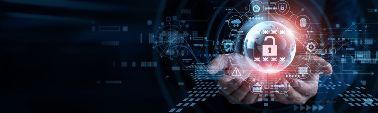 IT specialist. Human hands holding Information Security glowing global globe protecting private corporate server networks. Security officer monitoring online database firewall systems.