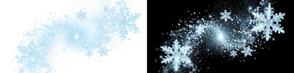 Abstract Glowing Blue Snowflakes and Ice Swirl on Split White and Black Background © mashiur