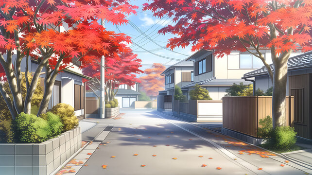 紅葉に彩られた日本の静かな住宅街のアニメ風イラスト