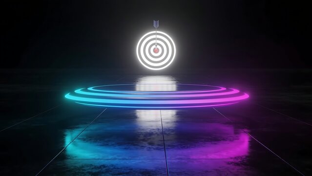 Glowing neon target with bullseye arrow and colored floor rings.