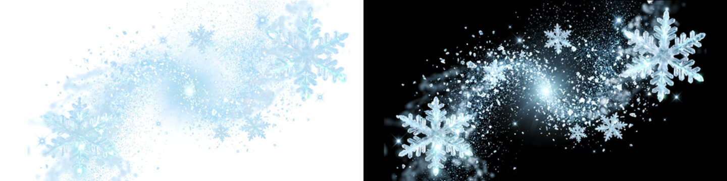Abstract Glowing Blue Snowflakes and Ice Swirl on Split White and Black Background
