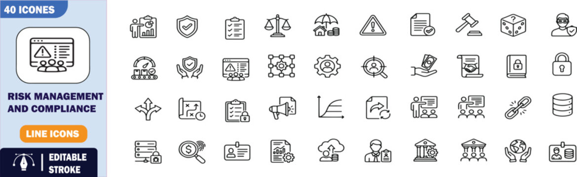 40 Risk Management and Compliance Vector Outline Icons Set &ndash; Corporate Governance, Security, Law, and Business Protection Line Symbols Collection