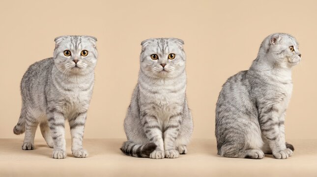 Three scottish fold cats in various poses on a soft background  silver tabby coats and amber eyes