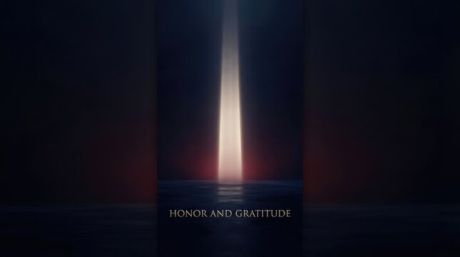 Dark moody vertical background featuring singular light beam on floor with honor and gratitude text for military memorial.