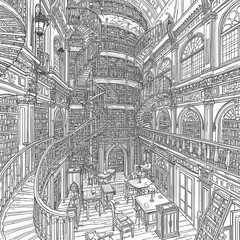 Fototapeta premium Detailed Grand Library Interior Coloring Page Illustration