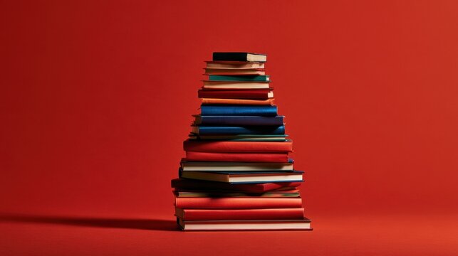 Tall stack of various colored hardcover books arranged vertically on vivid red background with shadow on side