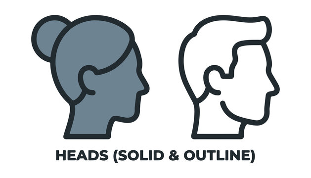Human Head Silhouettes Illustration, Solid and Outline Design, Profile Portrait Concept