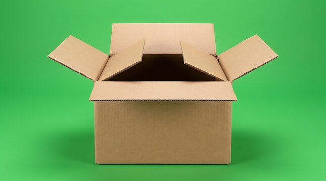 Open cardboard box isolated on a green background, empty shipping container for packaging and delivery, brown paper box with open flaps, front view of a square carton box