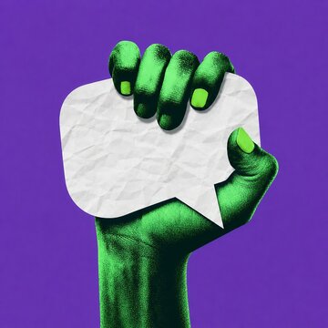 Fist holding blank speech bubble on purple background