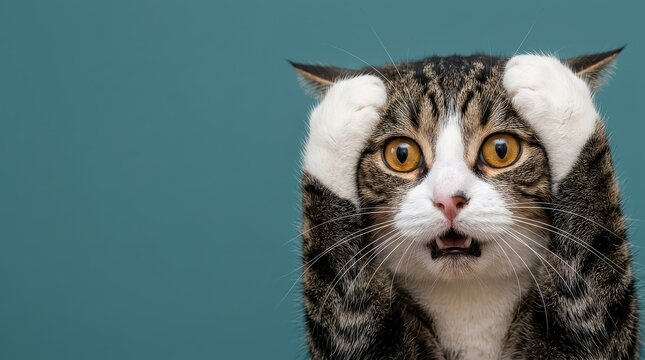 Funny Surprised Cat Holding Head with Paws in Shock or Stress Expression on Blue Background