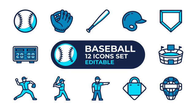 Baseball Icons Set: A collection of vibrant blue and white icons representing various elements of the sport of baseball, including equipment, players, and stadium.