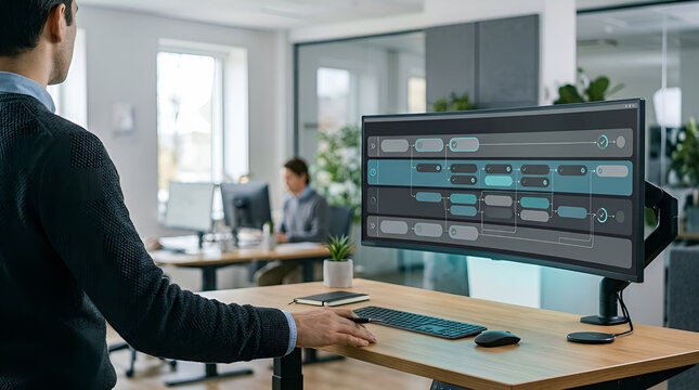 Software Developer Working on Workflow Diagram Using Ultrawide Monitor in Modern Office
