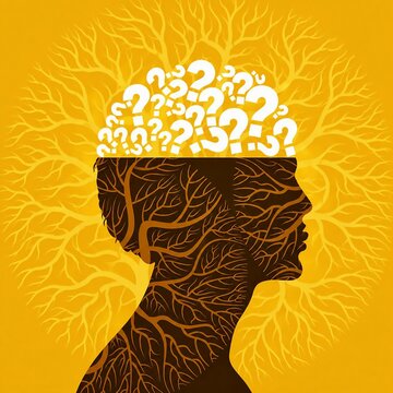 Human silhouette head with glowing brain network and question marks