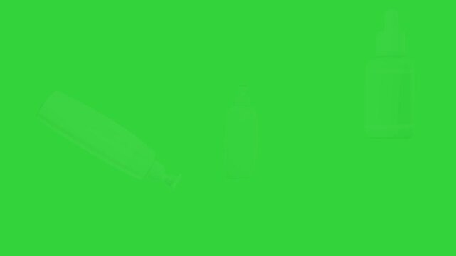 Three cosmetic bottles with pump dispensers and a dropper bottle for skincare and wellness products on a green screen background
