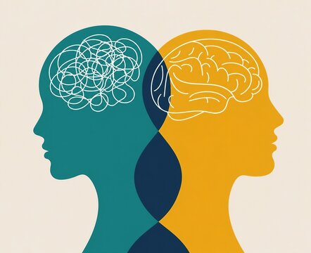 Two human heads with tangled and clear brain illustrations side by side