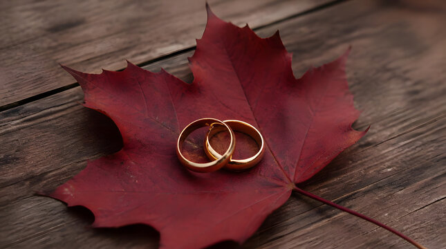 Two gold wedding rings resting on vibrant maple leaf atop rustic wooden planks creating romantic autumn atmosphere