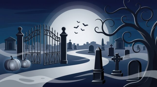 Spooky halloween cemetery with iron gates and full moon in the night sky