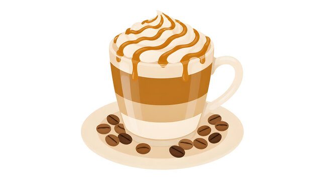 Creamy Caramel Latte Vector Illustration With Whipped Cream And Decorative Swirls