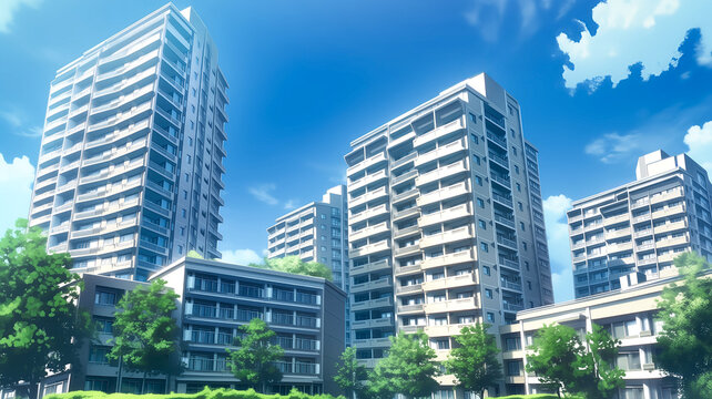 青空の下に建ち並ぶ高層マンション群のアニメ風イラスト