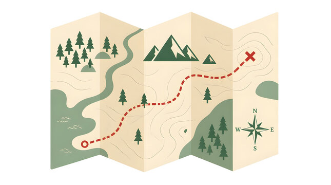 Folded paper map dashed line green trees mountains compass outdoor location natural scenery illustration vector flat