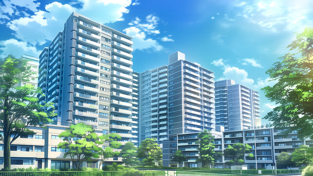 青空の下に建ち並ぶ高層マンション群のアニメ風イラスト