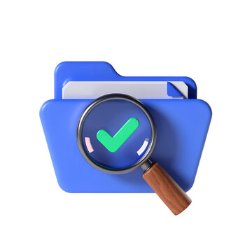 Blue folder icon with magnifying glass and green checkmark features glossy style ideal for efficient digital document management and secure data verification task.