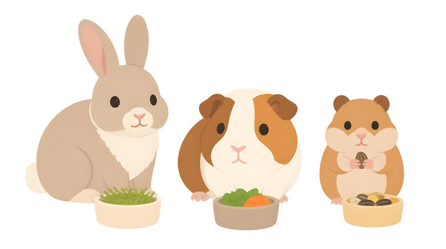 Cute rabbit guinea pig hamster sitting holding food bowls simple clean environment