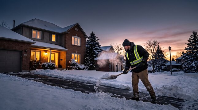 Worker shoveling snow on a residential driveway in winter