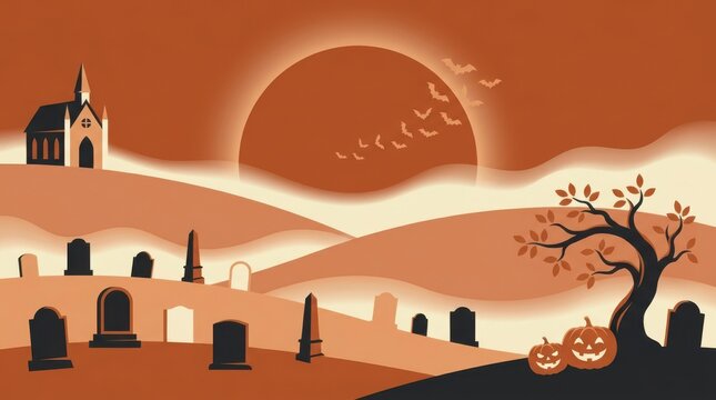 Spooky halloween graveyard landscape with pumpkins and old church