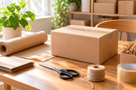 Kraft Cardboard Packaging Workspace with Shipping Box and Packing Supplies