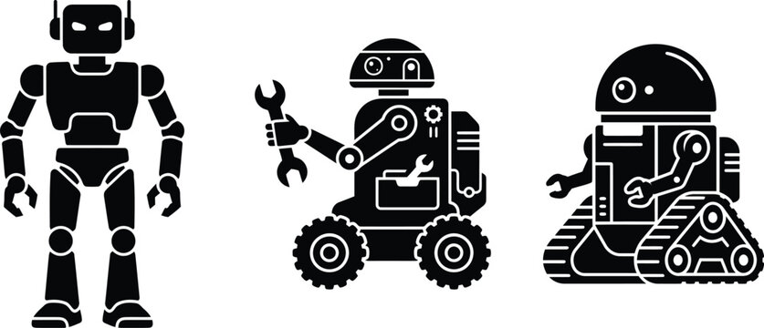 Robot icon set silhouette collection featuring humanoid and mechanical characters with tools and treads