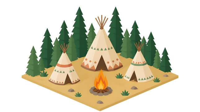 Isometric vector tipi camp fire pit pine trees outdoor camping setting forest people sitting around fire