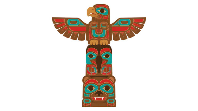 Intricately carved totem pole flat vector illustration of eagle bear animal head stacked vertically nature wildlife symbols