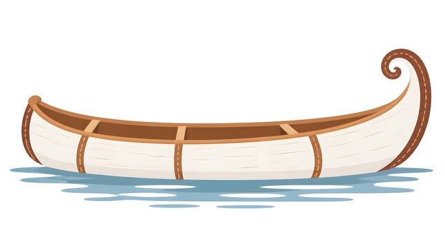Birchbark Canoe resting on calm water surfaces flat vector illustration
