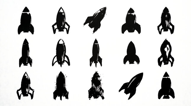 Collection of black ink brush stroke rocket silhouettes