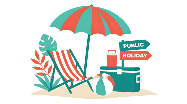 Beach scene umbrella chair cooler beach ball palm tree public holiday signpost crowd relaxing summer vacation