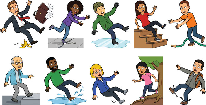 Accident and Slip Trip Fall Vector Illustration Set Featuring People Tripping Slipping and Falling in Diverse Everyday Life Scenarios