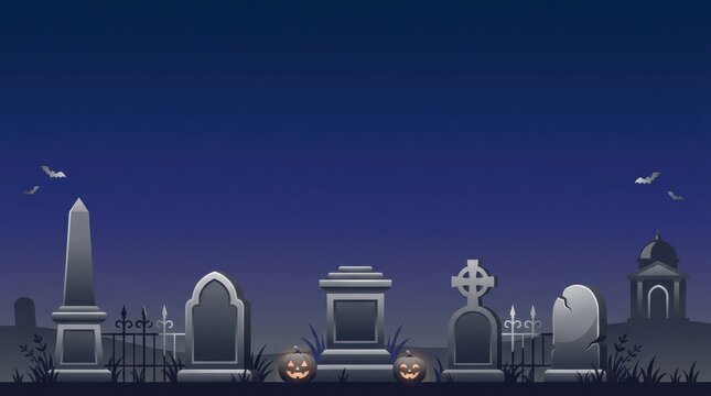 Spooky halloween graveyard with tombstones and pumpkins at night