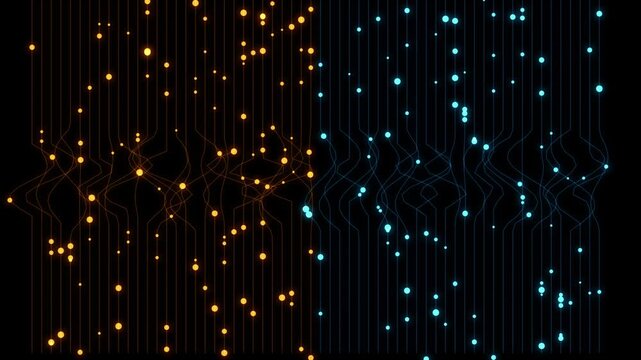 Cybernetic lines cascade downwards simulating digital data streams within a dark network circuitry dataflow datastream network flowing abstract geometric pattern seamless repeating illuminated