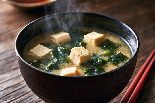 Steaming Hot Japanese Miso Soup with Tofu and Wakame