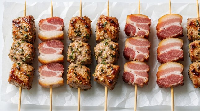 Fresh pork guanciale skewers laid on white paper. Juicy meat cubes with herbs, spices prepared for grilling. Savory Italian pork fat pieces arranged for BBQ cooking. Raw marinated meat snacks ready