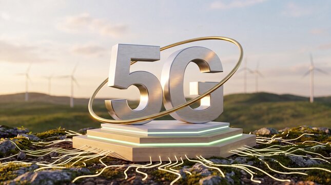 Large silver 5G logo on high tech base in green field with wind turbines represents future network.